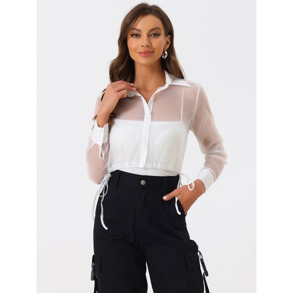 See Through Top Long Sleeve Button Down Cropped Jacket White - Picture 3 of 5